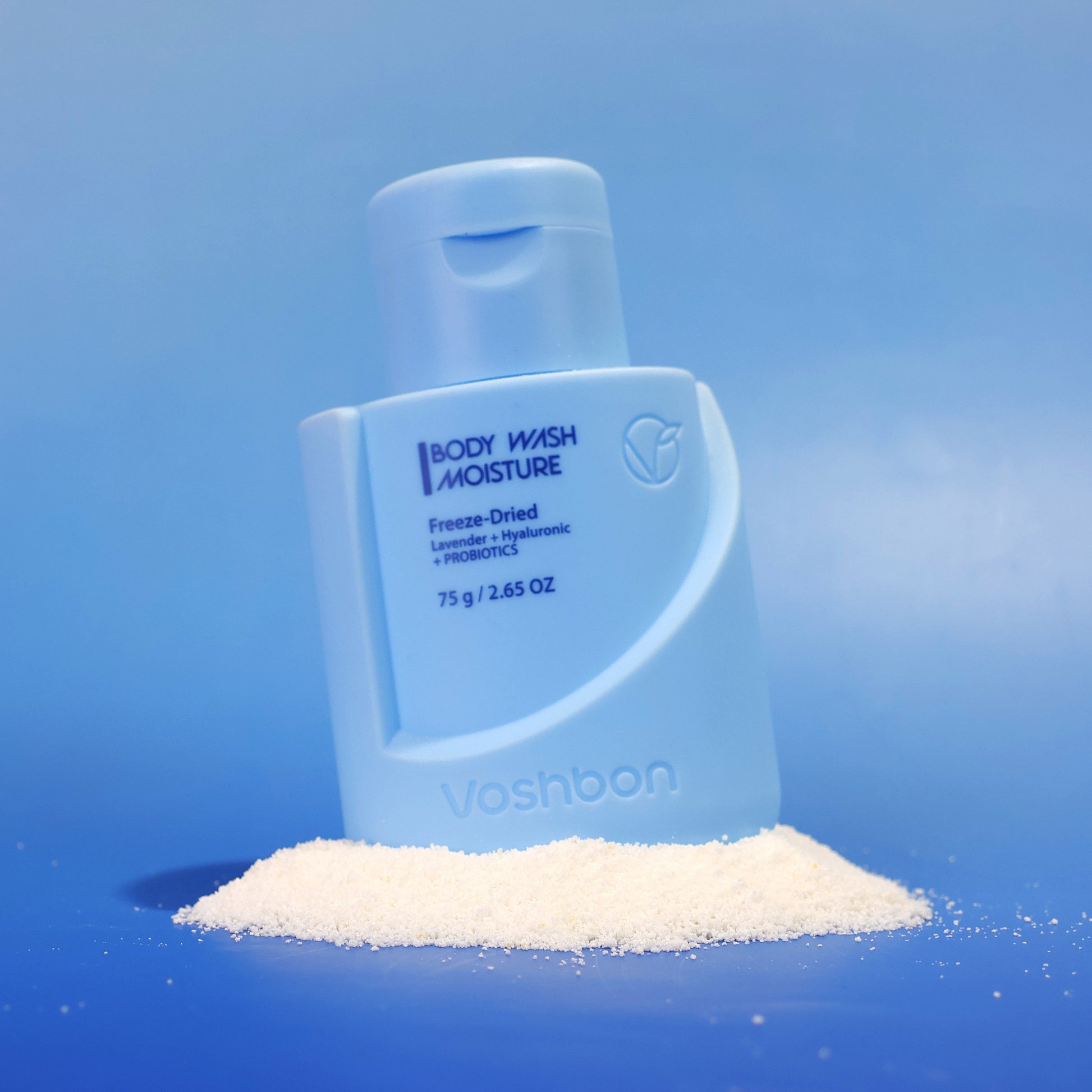 Voshbon Moisture Body Wash on Granules with a gradient blue background.